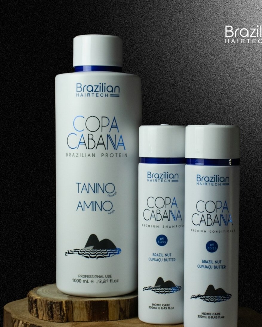 Copa Cabana Brazilian Protein line: professional 1000mL Tanino Amino treatment with home-care shampoo and conditioner